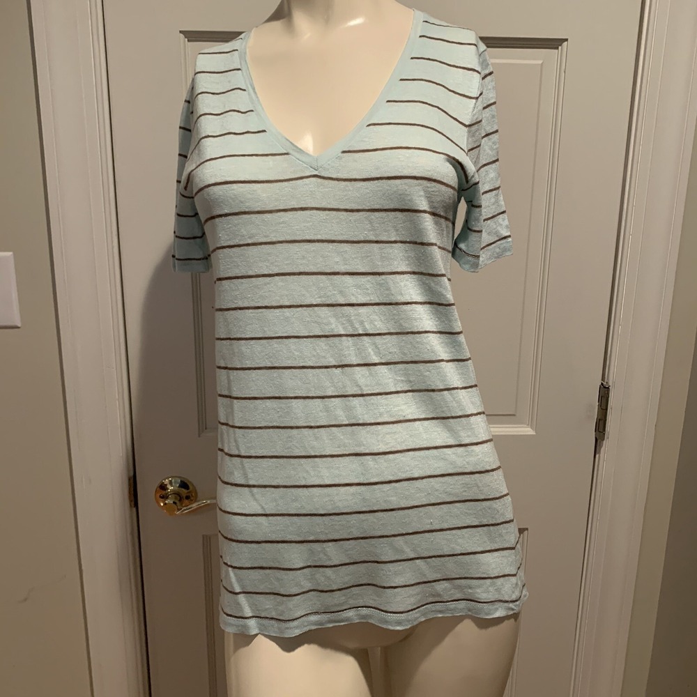 Banana Republic The Signature Tee Mint & Brown Stripe V Neck Women Size Small